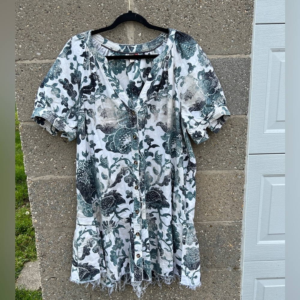 Anthropologie Pilcro Puff Sleeve Button Front Tunic Dress Blue Motif Size L